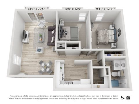 Floor plan for 2 beds, 1 bath, 750 sqft